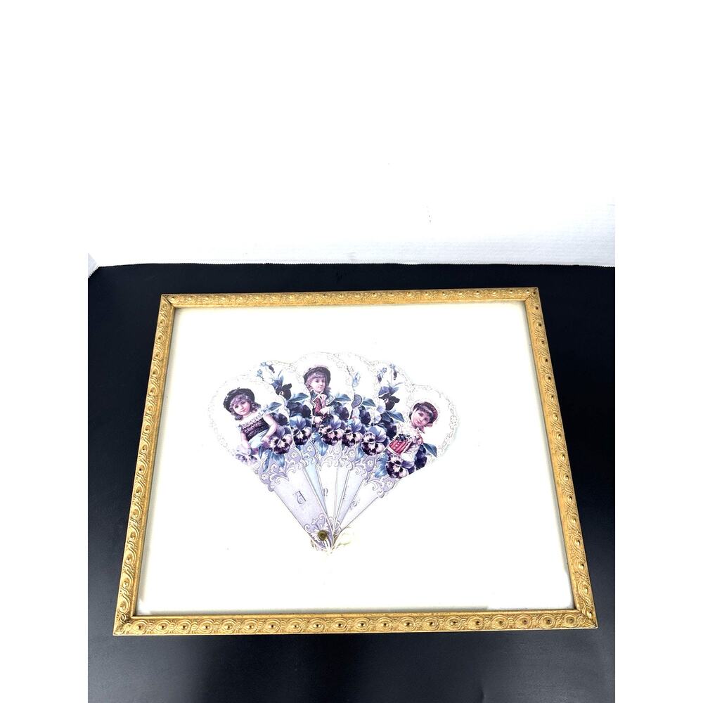 Gold Framed Victorian Girls Paper Fan Greeting Card by Old Print Factory Reprod.